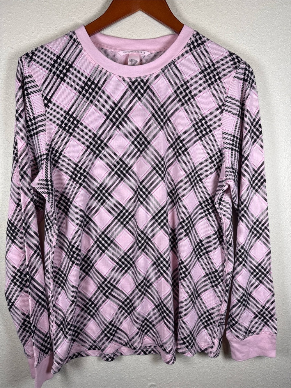 Victoria Secret Thermal Waffle Long Sleeve Sleep Shirt Pink Black Plaid XL